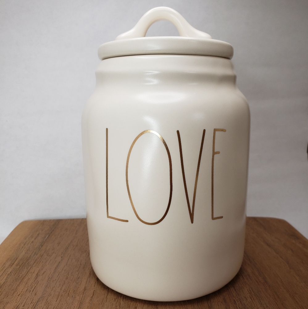 New! RAE DUNN "LOVE" canister jar in gold print